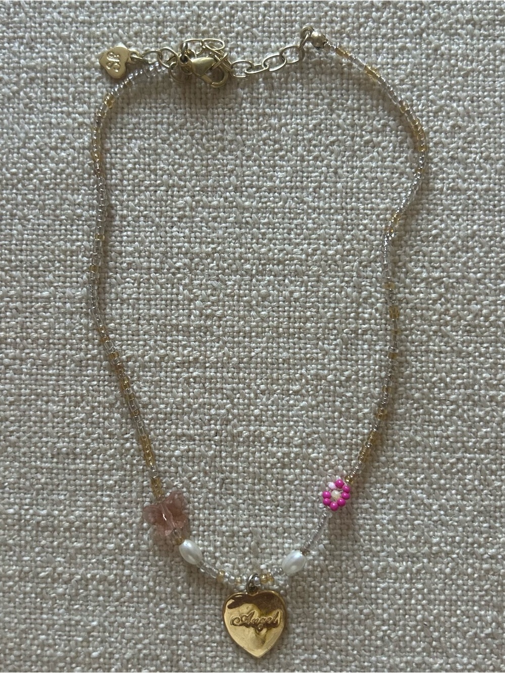 Beaded “Angel” Heart Charm Necklace with Pink Butterfly & Flower Accent